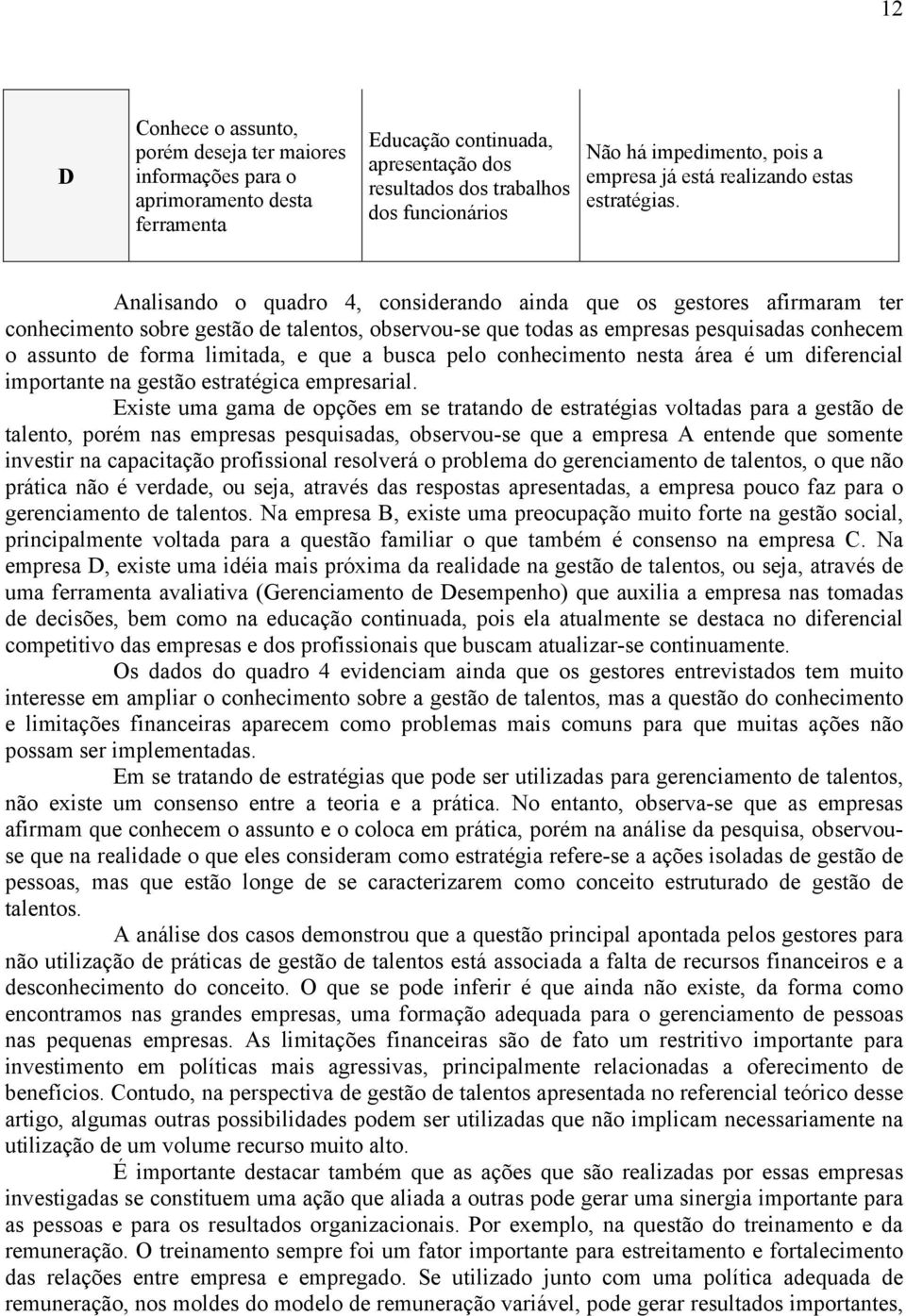 Analisando o quadro 4, considerando ainda que os gestores afirmaram ter conhecimento sobre gestão de talentos, observou-se que todas as empresas pesquisadas conhecem o assunto de forma limitada, e