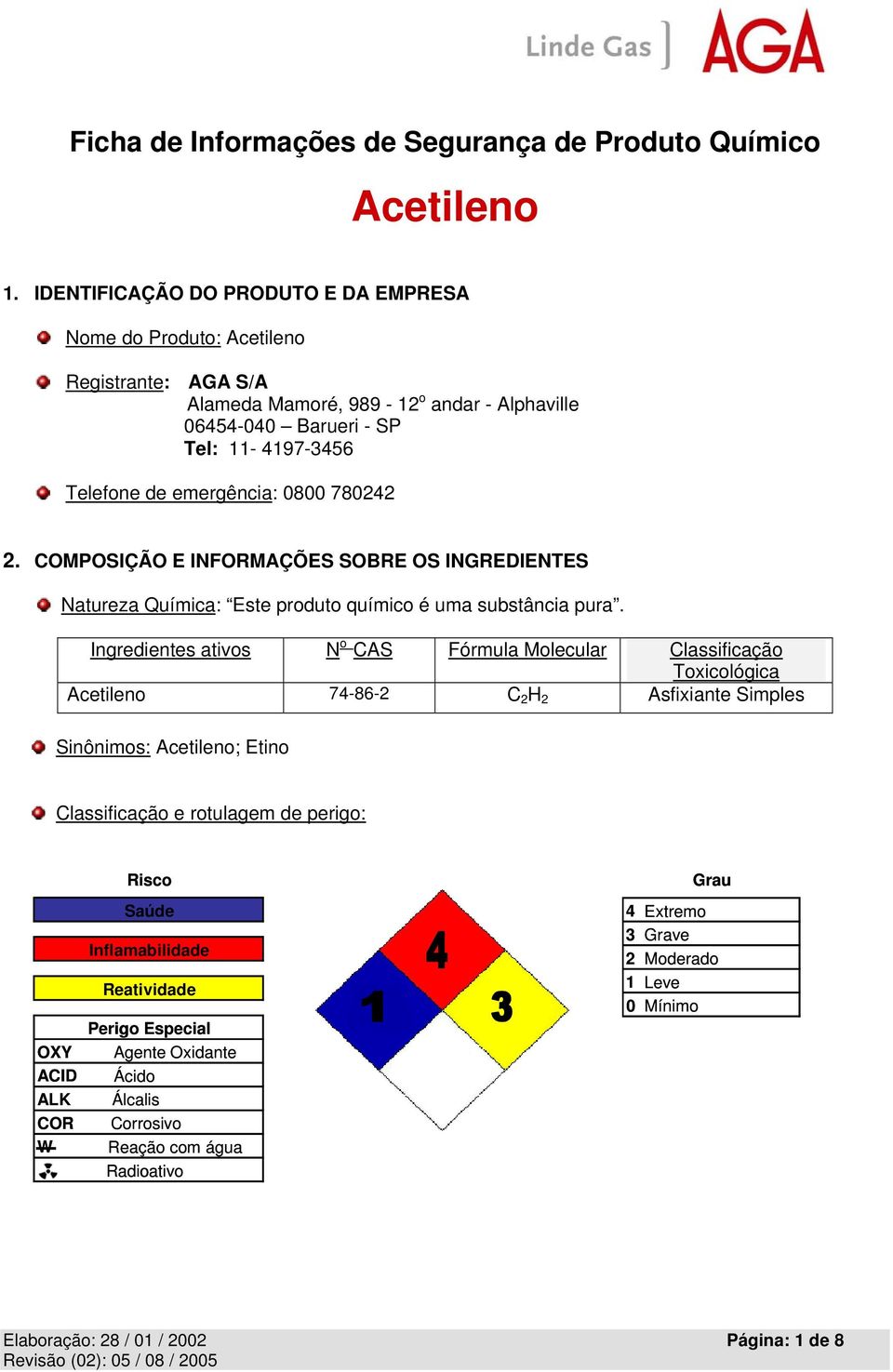 Ingredientes ativos N o CAS Fórmula Molecular Classificação Toxicológica 74-86-2 C 2 H 2 Asfixiante Simples Sinônimos: ; Etino Classificação e rotulagem de perigo: OXY ACID ALK