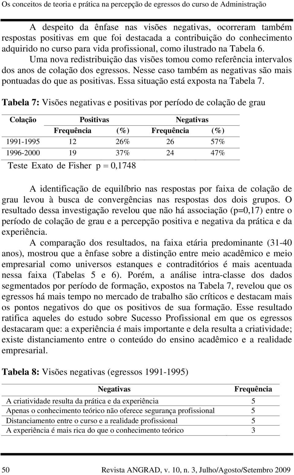 Nesse caso também as negativas são mais pontuadas do que as positivas. Essa situação está exposta na Tabela 7.