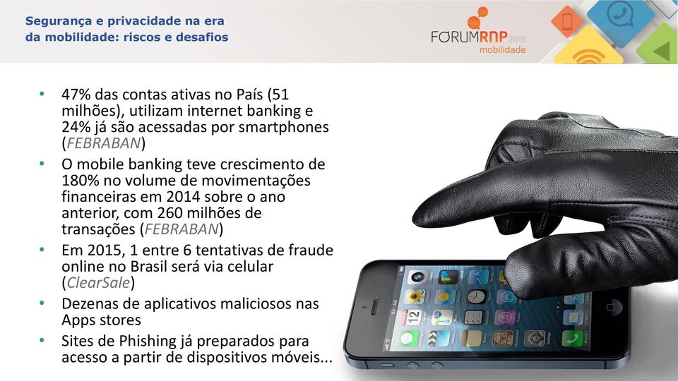 milhões de transações (FEBRABAN) Em 2015, 1 entre 6 tentativas de fraude online no Brasil será via celular (ClearSale)