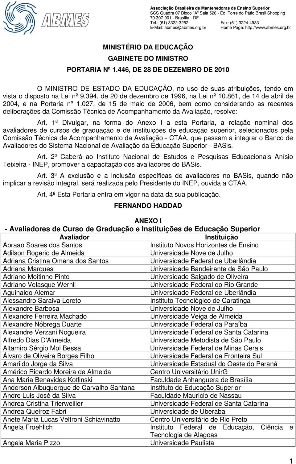 027, de 15 de maio de 2006, bem como considerando as recentes deliberações da Comissão Técnica de Acompanhamento da Avaliação, resolve: Art.