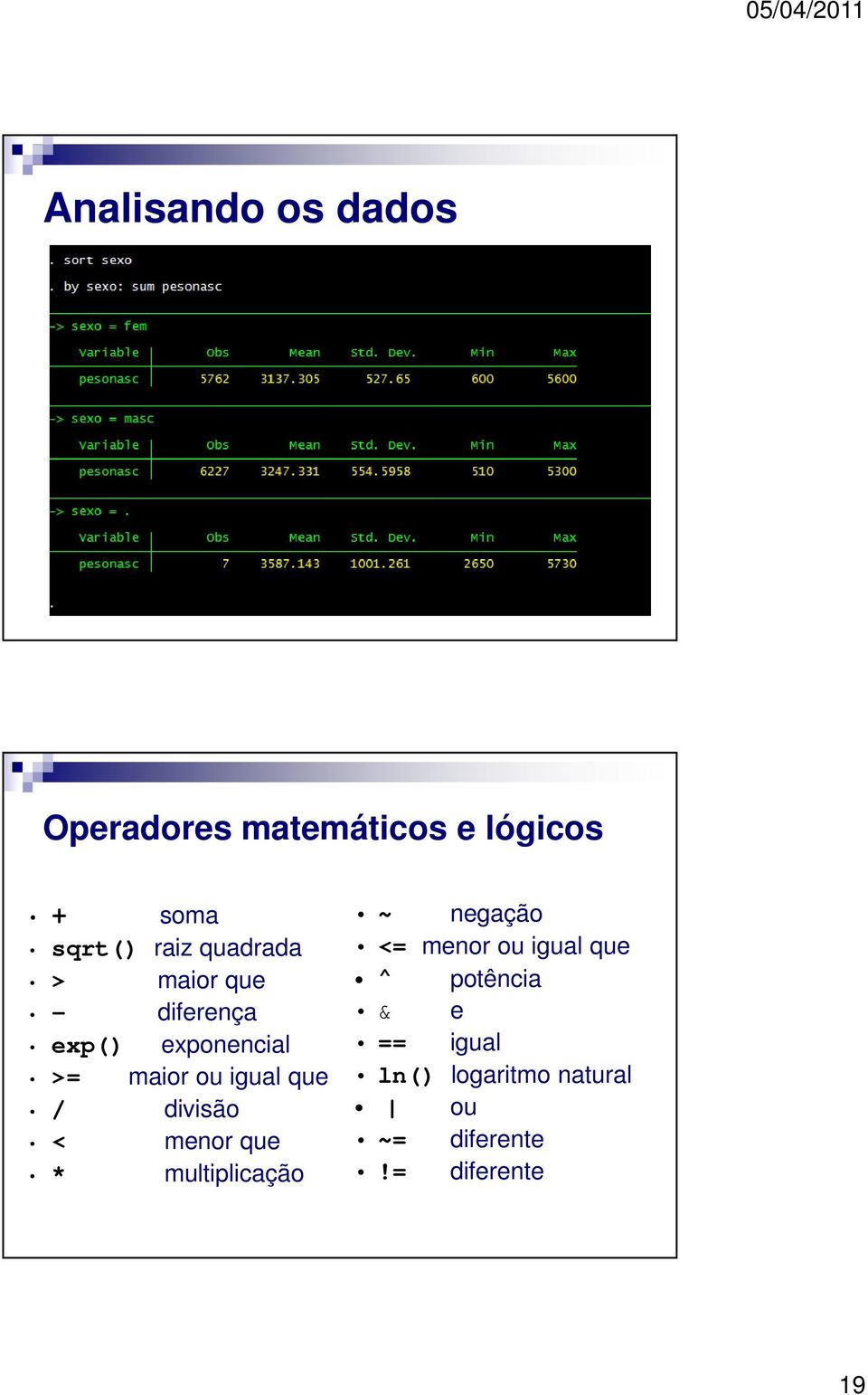 / divisão < menor que * multiplicação + ~ negação <= menor ou igual que