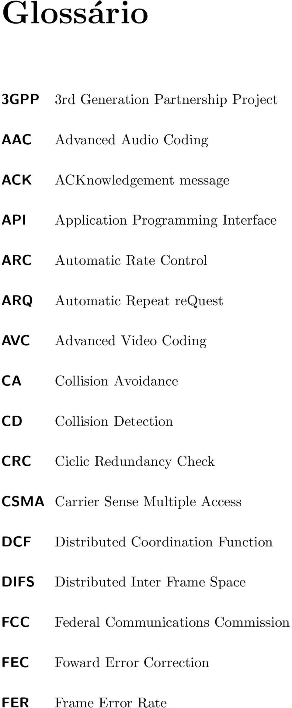 Avoidance Collision Detection Ciclic Redundancy Check CSMA Carrier Sense Multiple Access DCF DIFS FCC FEC FER Distributed