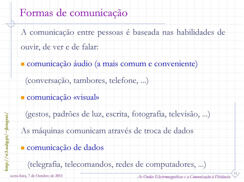 ..) comunicação «visual» (gestos, padrões de luz, escrita, fotografia, televisão,.