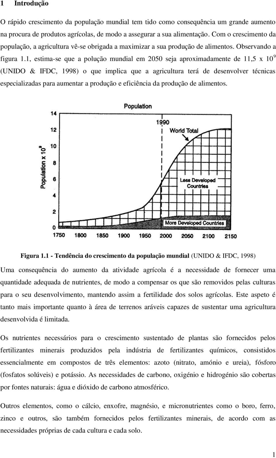 1, estima-se que a polução mundial em 2050 seja aproximadamente de 11,5 x 10 9 (UNIDO & IFDC, 1998) o que implica que a agricultura terá de desenvolver técnicas especializadas para aumentar a