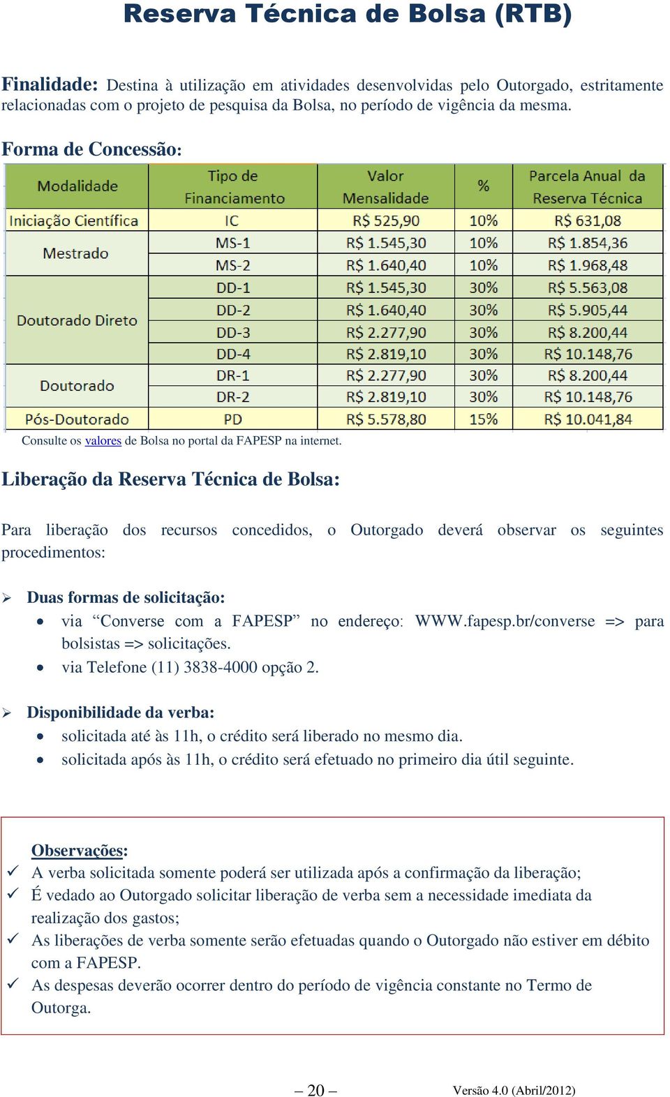 Liberação da Reserva Técnica de Bolsa: Para liberação dos recursos concedidos, o Outorgado deverá observar os seguintes procedimentos: Duas formas de solicitação: via Converse com a FAPESP no