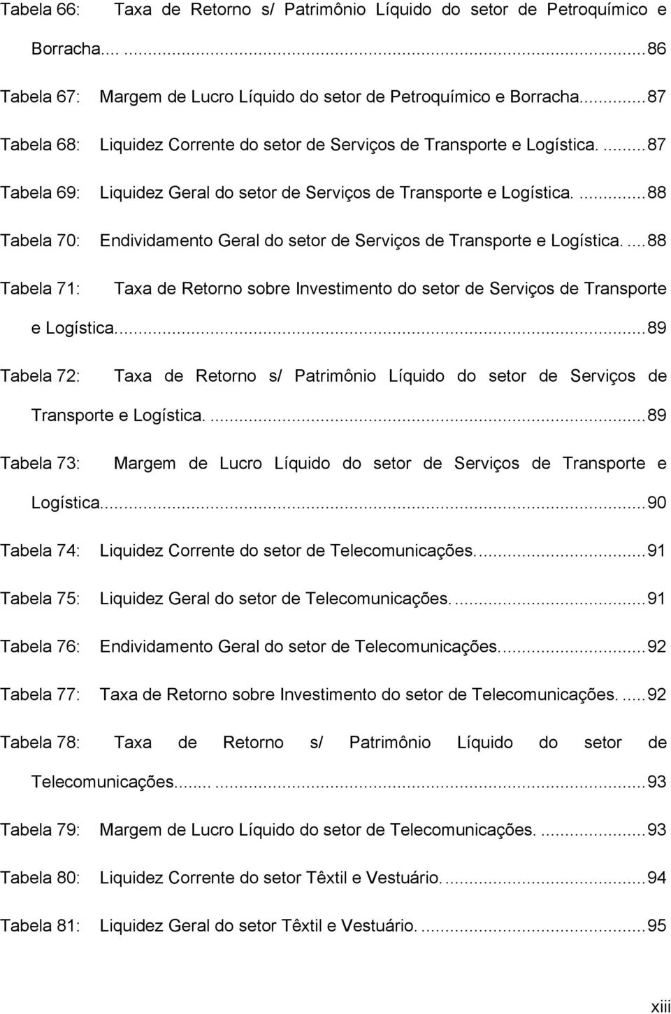...88 Tabela 70: Endividamento Geral do setor de Serviços de Transporte e Logística....88 Tabela 71: Taxa de Retorno sobre Investimento do setor de Serviços de Transporte e Logística.