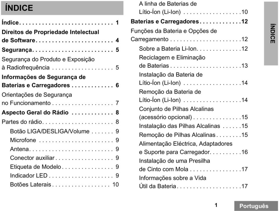 ..................... 8 Botão LIGA/DESLIGA/Volume....... 9 Microfone....................... 9 Antena.......................... 9 Conector auxiliar.................. 9 Etiqueta de Modelo.