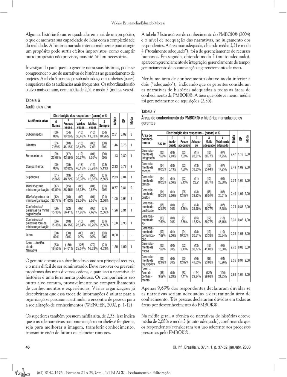 Investigando para quem o gerente narra suas histórias, po-se compreenr o uso narrativas histórias no gerenciamento projetos.