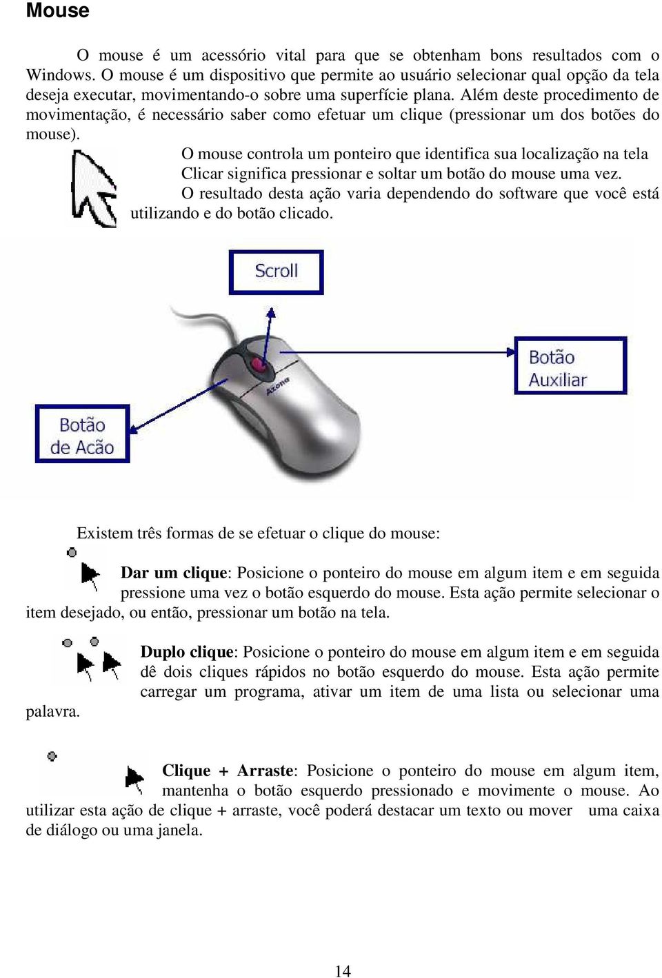 Além deste procedimento de movimentação, é necessário saber como efetuar um clique (pressionar um dos botões do mouse).