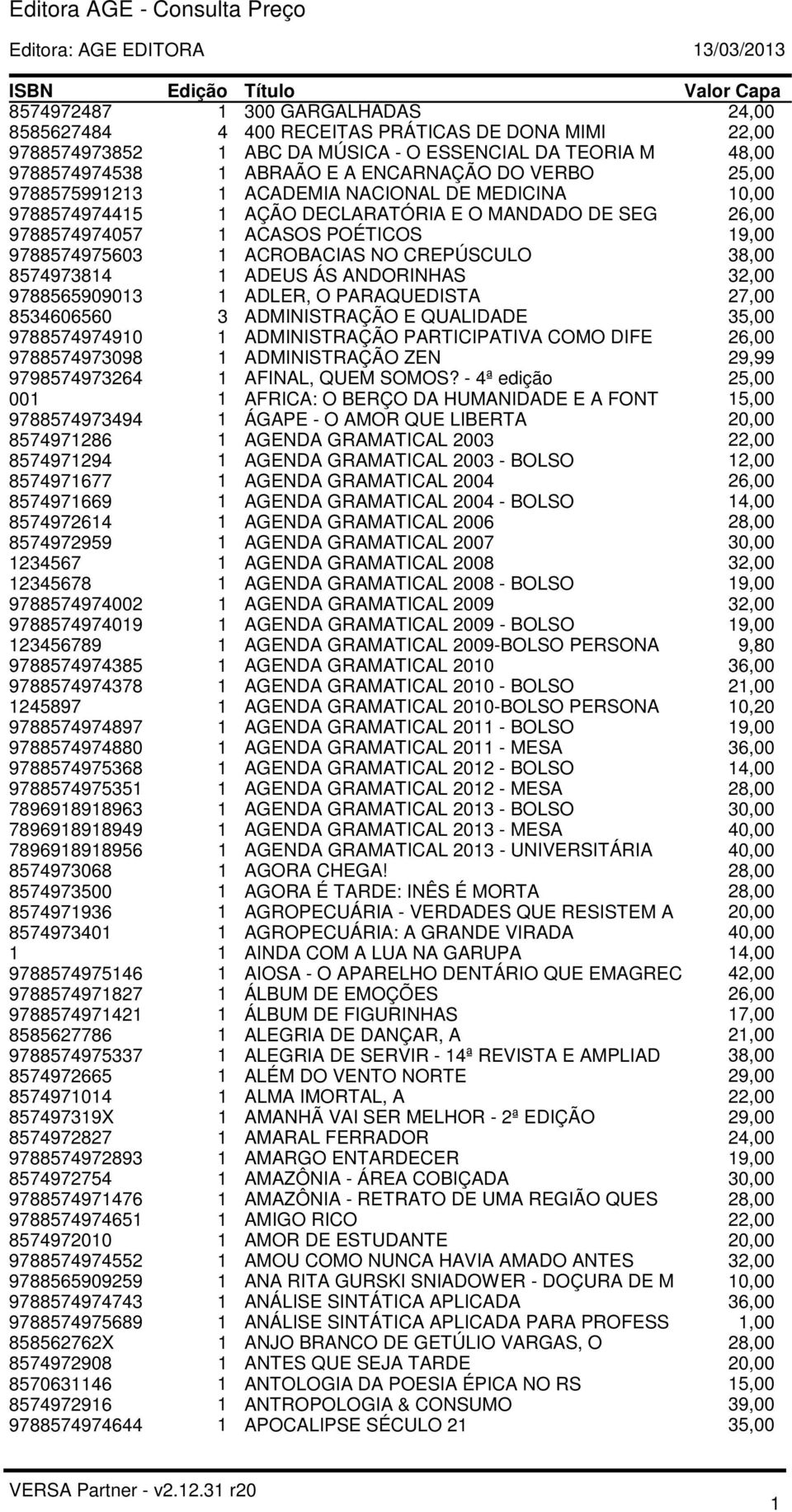 POÉTICOS 19,00 9788574975603 1 ACROBACIAS NO CREPÚSCULO 38,00 8574973814 1 ADEUS ÁS ANDORINHAS 32,00 9788565909013 1 ADLER, O PARAQUEDISTA 27,00 8534606560 3 ADMINISTRAÇÃO E QUALIDADE 35,00