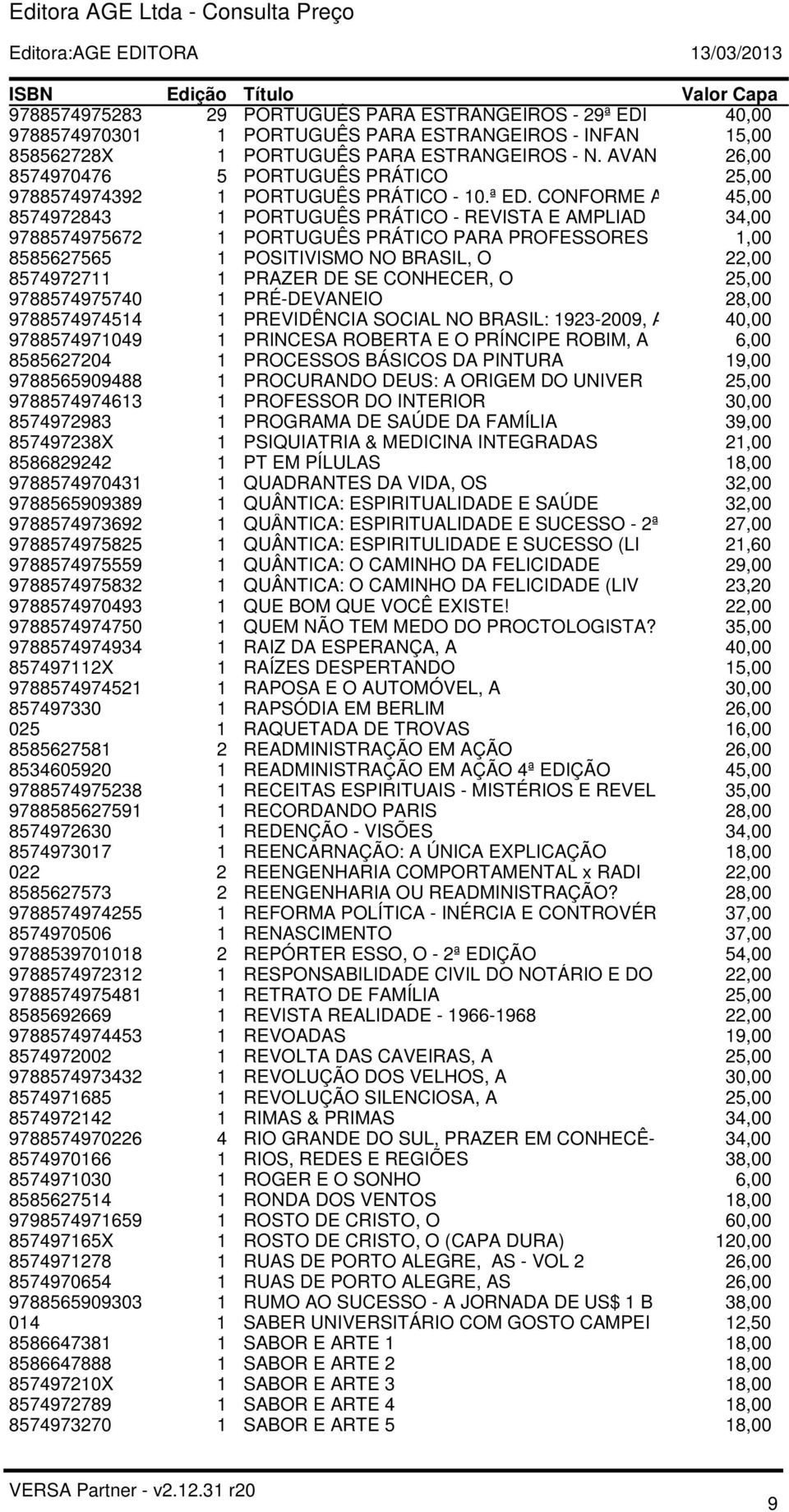 CONFORME A 45,00 8574972843 1 PORTUGUÊS PRÁTICO - REVISTA E AMPLIAD 34,00 9788574975672 1 PORTUGUÊS PRÁTICO PARA PROFESSORES 1,00 8585627565 1 POSITIVISMO NO BRASIL, O 22,00 8574972711 1 PRAZER DE SE