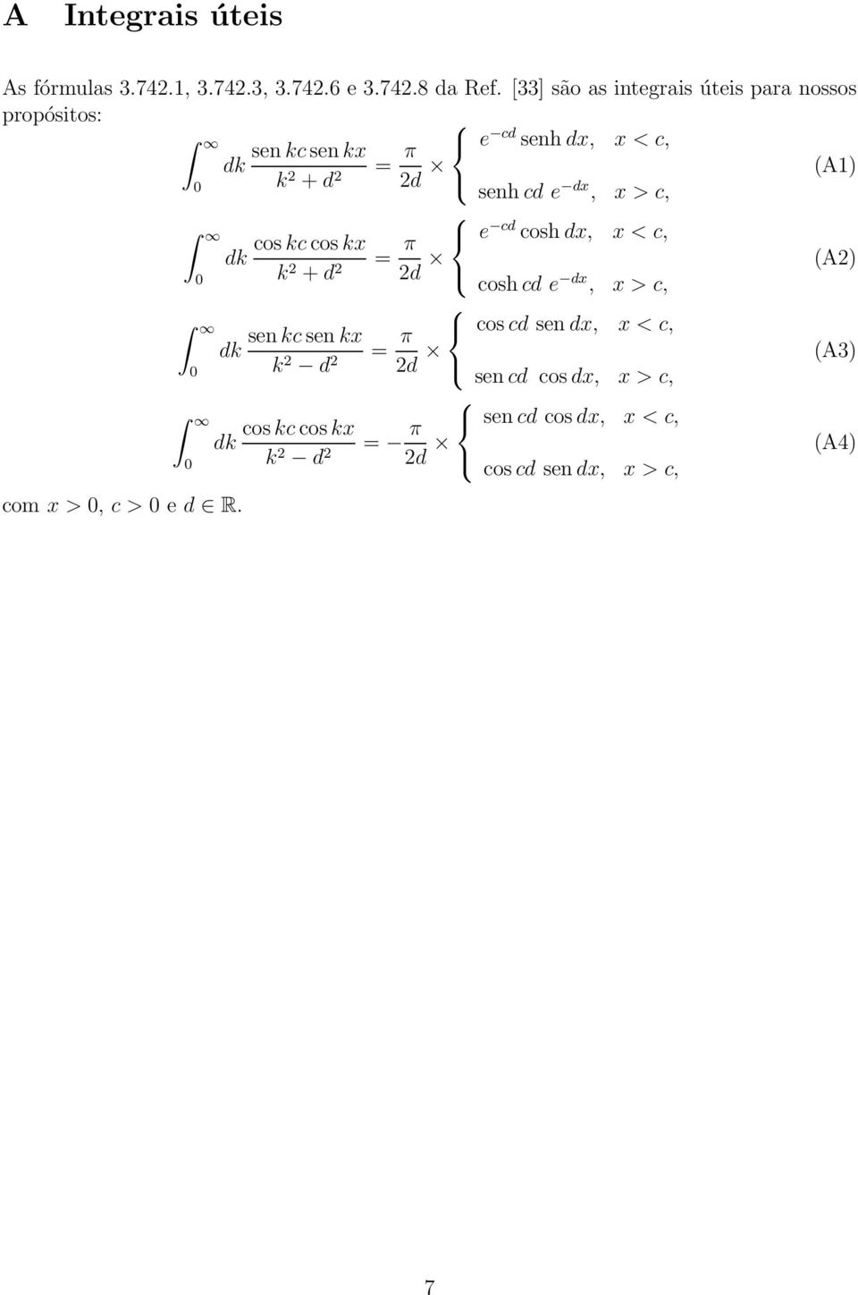 senhcd e dx, x > c, dk coskccoskx = π e cd coshdx, x < c, k 2 +d 2 2d (A2) com x >, c > e d R.