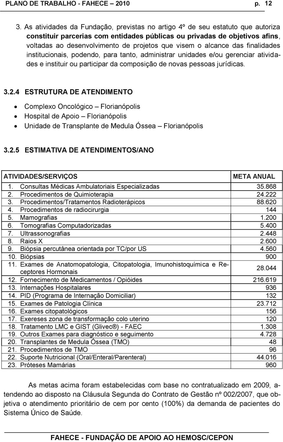 2.4 ESTRUTURA DE ATENDIMENTO Complexo Oncológico Florianópolis Hospital de Apoio Florianópolis Unidade de Transplante de Medula Óssea Florianópolis 3.2.5 ESTIMATIVA DE ATENDIMENTOS/ANO ATIVIDADES/SERVIÇOS META ANUAL 1.