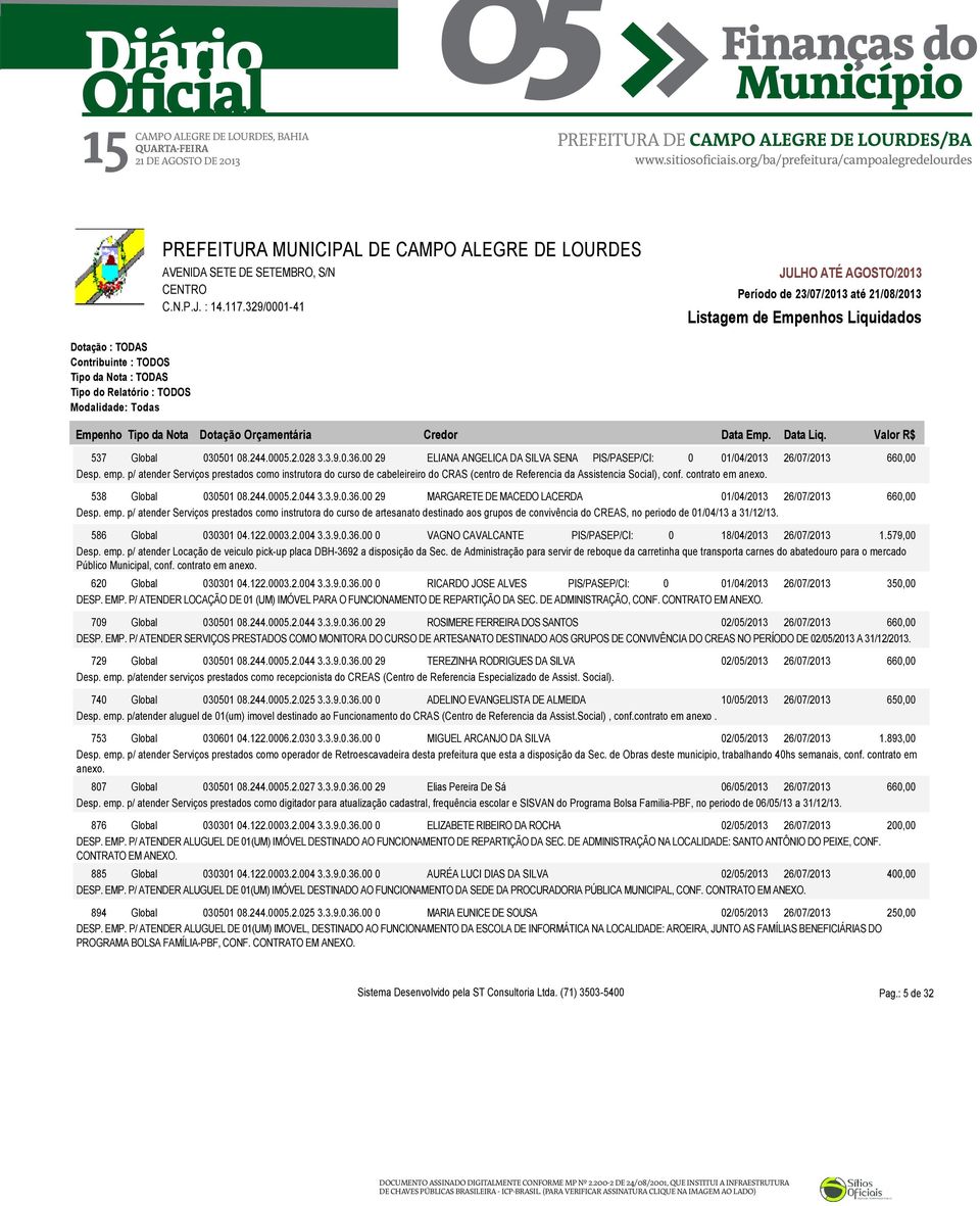 p/ atender Serviços prestados como instrutora do curso de cabeleireiro do CRAS (centro de Referencia da Assistencia Social), conf. contrato em anexo. 538 Global 030501 08.244.0005.2.044 3.3.9.0.36.