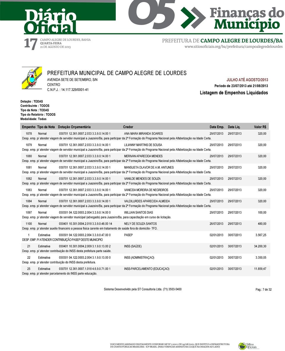 p/ atender viagem de servidor municipal a Juazeiro/Ba, para participar da 2ª Formação do Programa Nacional pela Alfabetização na Idade Certa. 1079 Normal 030701 12.361.0007.2.033 3.3.9.0.14.