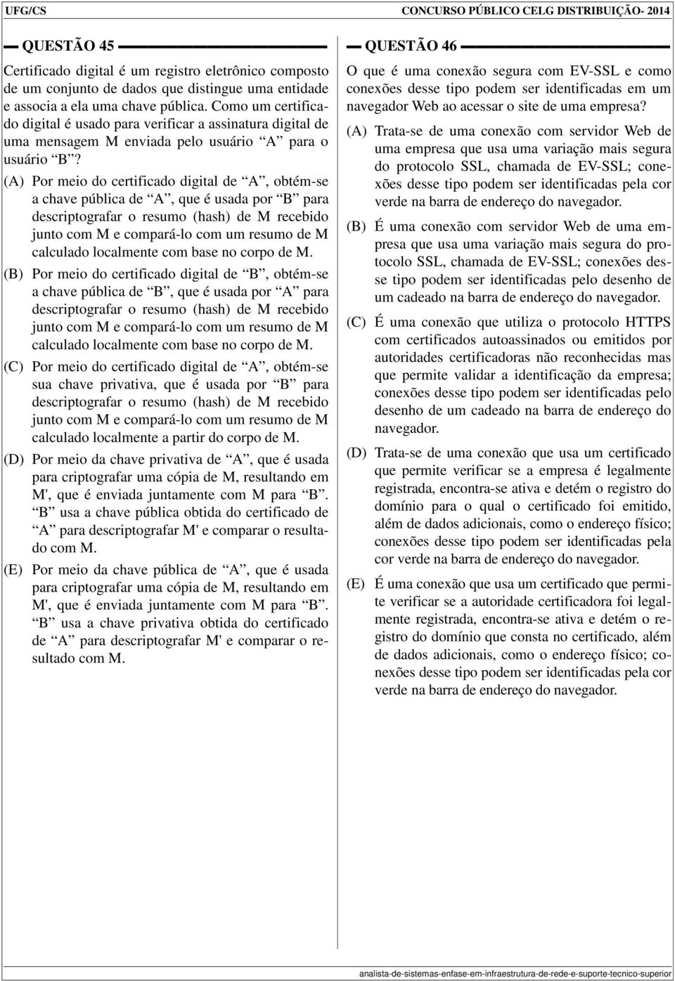 (A) Por meio do certificado digital de A, obtém-se a chave pública de A, que é usada por B para descriptografar o resumo (hash) de M recebido junto com M e compará-lo com um resumo de M calculado