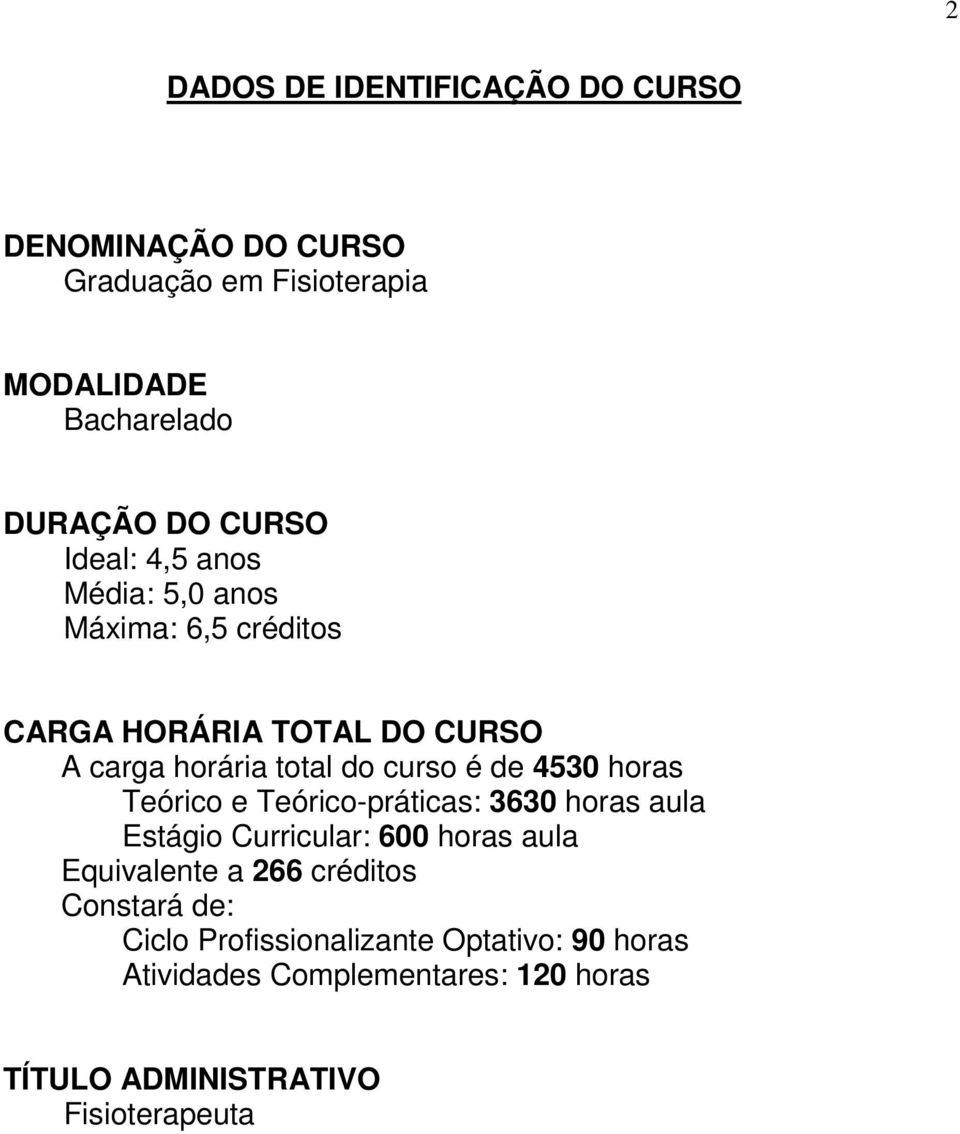 4530 horas Teórico e Teórico-práticas: 3630 horas aula Estágio Curricular: 600 horas aula Equivalente a 266 créditos