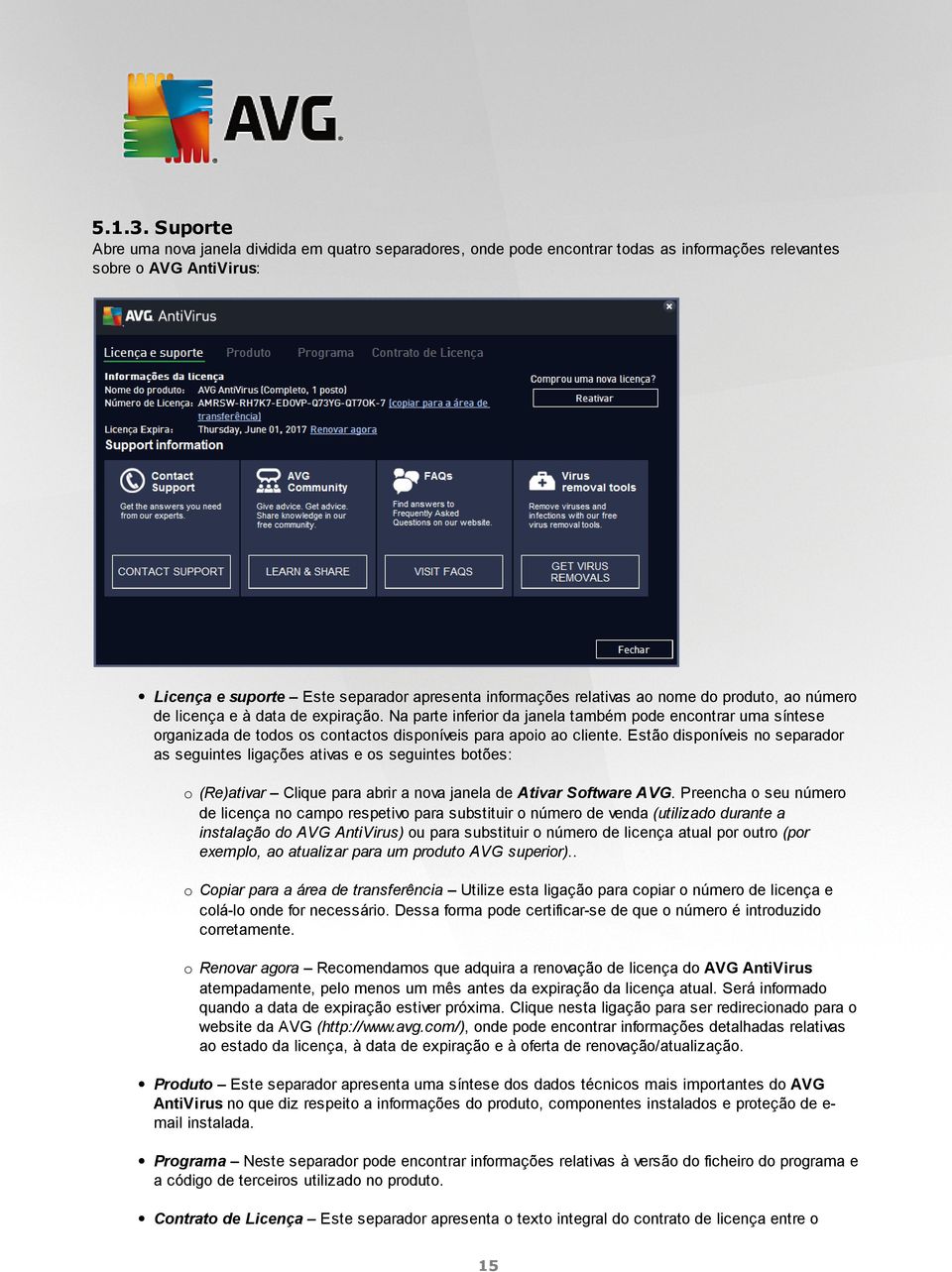 relativas ao nome do produto, ao número de licença e à data de expiração.