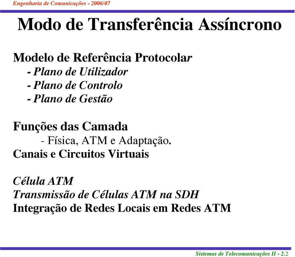 Canais e Circuitos Virtuais Célula ATM Transmissão de Células ATM na