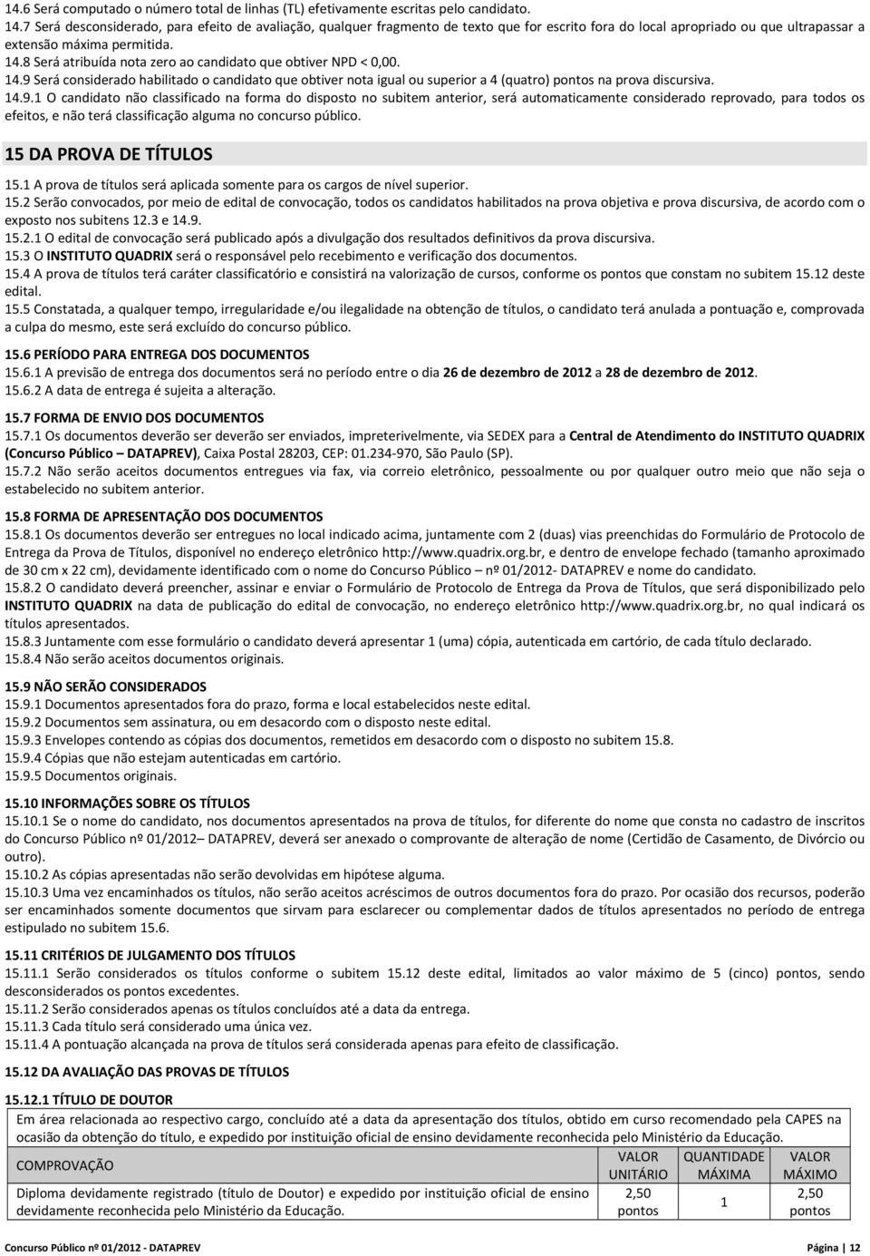 8 Será atribuída nota zero ao candidato que obtiver NPD < 0,00. 14.9 