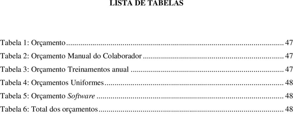 .. 47 Tabela 3: Orçamento Treinamentos anual.