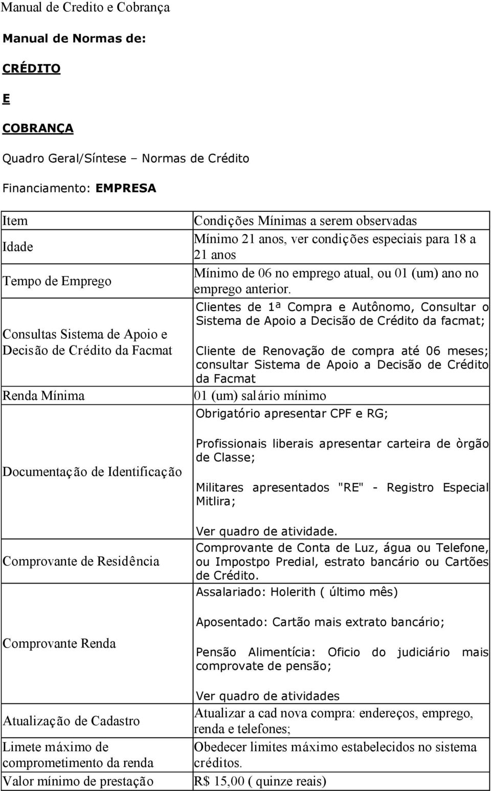 Condições Mínimas a serem observadas Mínimo 21 anos, ver condições especiais para 18 a 21 anos Mínimo de 06 no emprego atual, ou 01 (um) ano no emprego anterior.