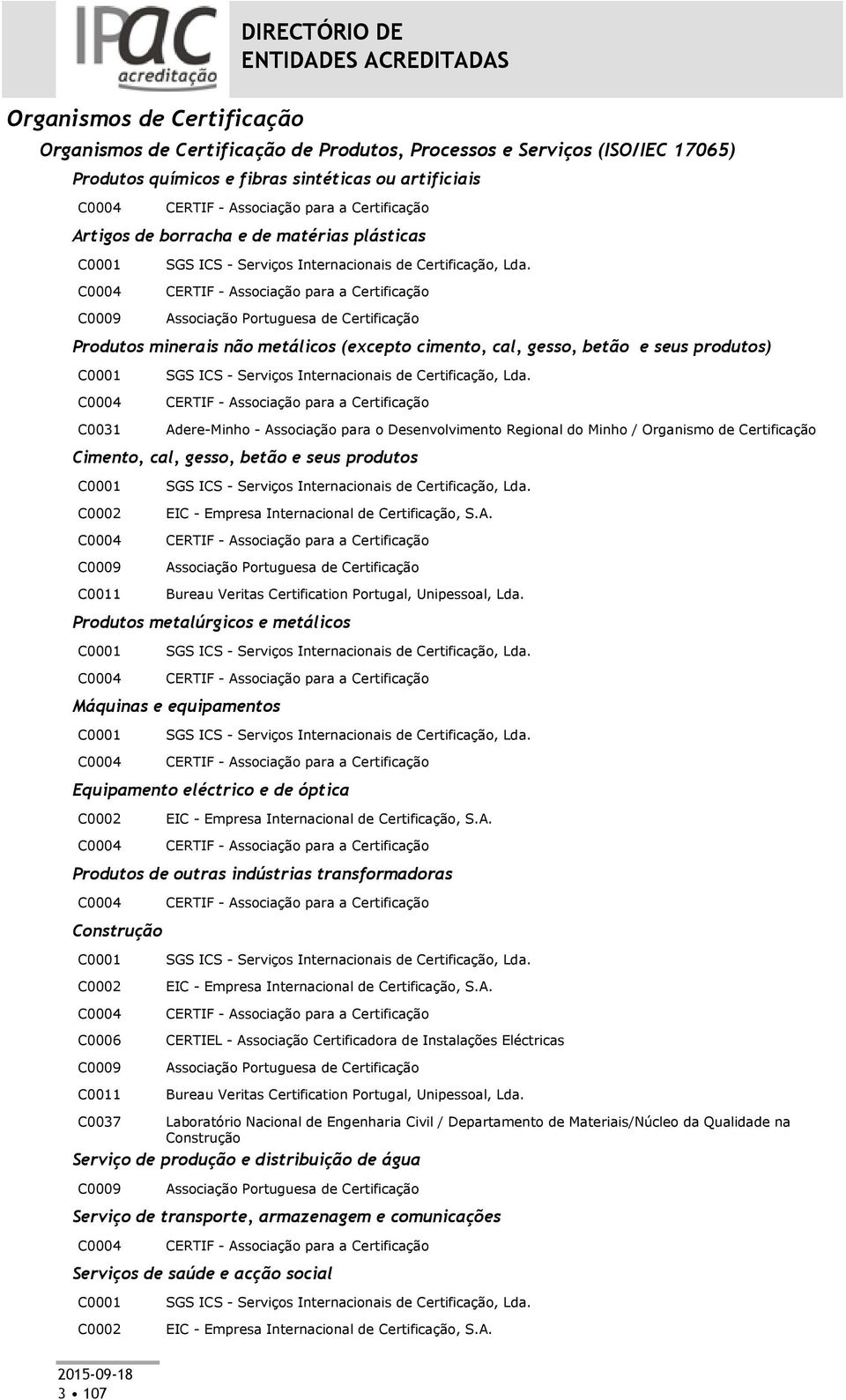 C0004 CERTIF - Associação para a Certificação C0009 Associação Portuguesa de Certificação Produtos minerais não metálicos (excepto cimento, cal, gesso, betão e seus produtos) C0001 SGS ICS - Serviços