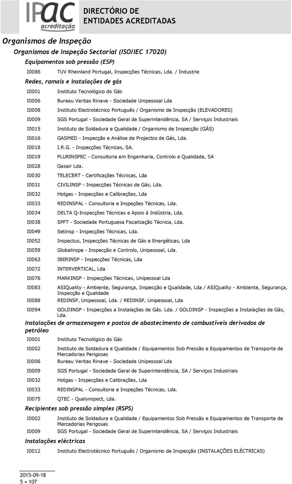 Tecnológico do Gás Bureau Veritas Rinave - Sociedade Unipessoal Lda Instituto Electrotécnico Português / Organismo de Inspecção (ELEVADORES) SGS Portugal - Sociedade Geral de Superintendência, SA /