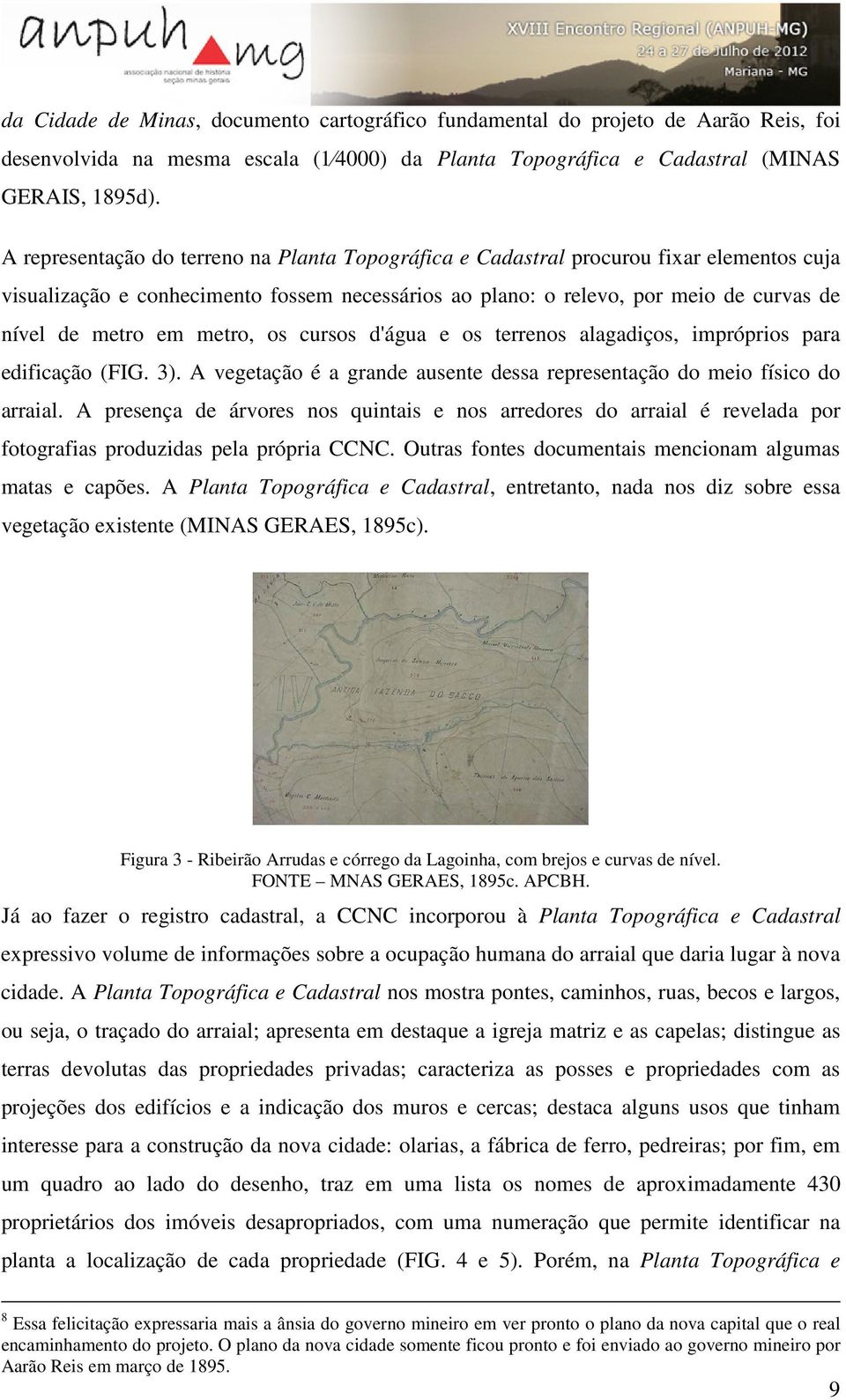 metro, os cursos d'água e os terrenos alagadiços, impróprios para edificação (FIG. 3). A vegetação é a grande ausente dessa representação do meio físico do arraial.