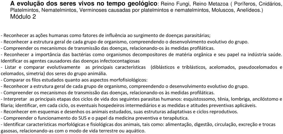 ) Módulo 2 - Reconhecer as ações humanas como fatores de influência ao surgimento de doenças parasitárias; - Reconhecer a estrutura geral de cada grupo de organismo, compreendendo o desenvolvimento