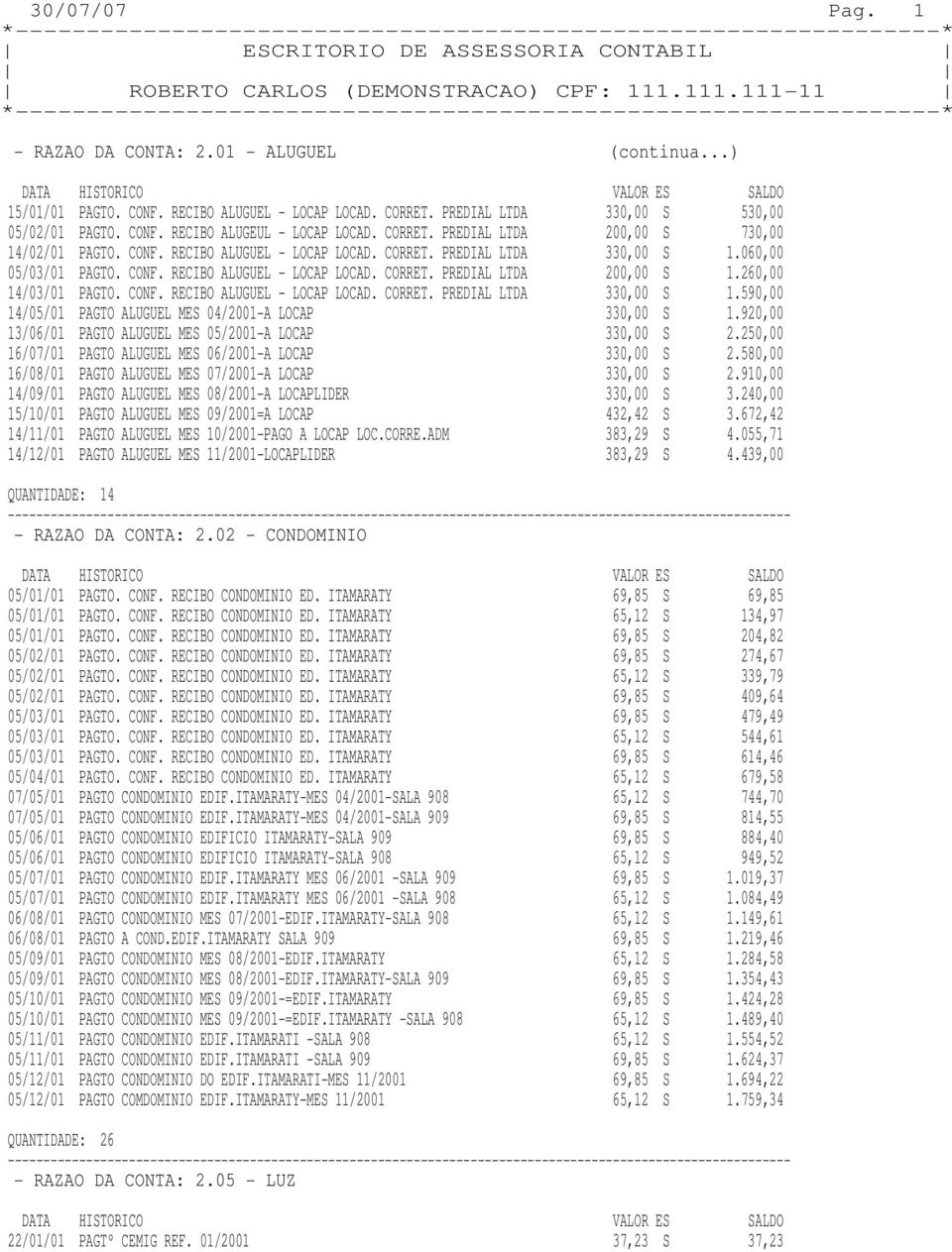 260,00 1.590,00 14/05/01 PAGTO ALUGUEL MES 04/2001-A LOCAP 330,00 S 1.920,00 13/06/01 PAGTO ALUGUEL MES 05/2001-A LOCAP 330,00 S 2.