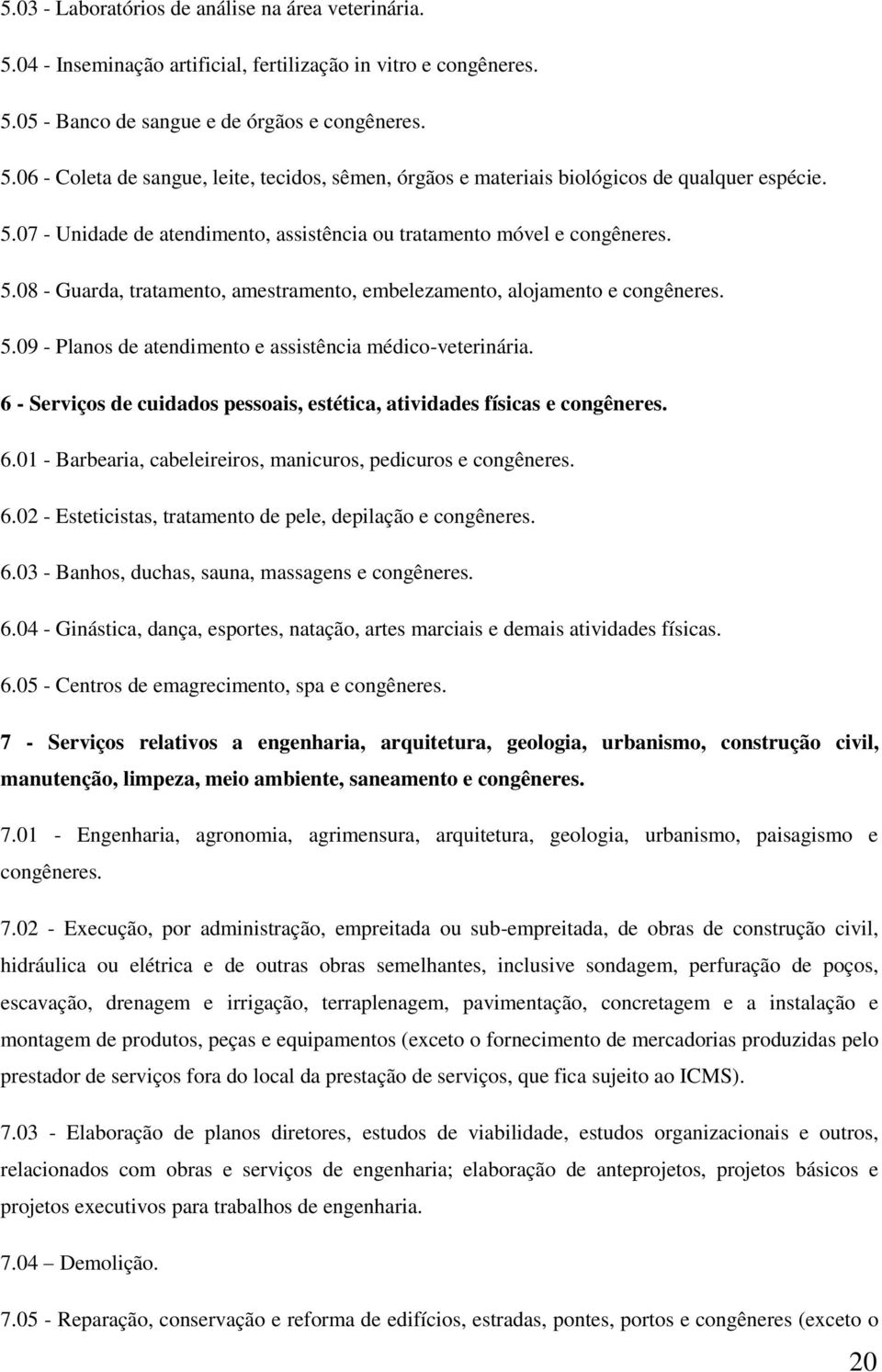 6 - Serviços de cuidados pessoais, estética, atividades físicas e congêneres. 6.01 - Barbearia, cabeleireiros, manicuros, pedicuros e congêneres. 6.02 - Esteticistas, tratamento de pele, depilação e congêneres.