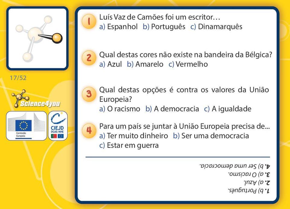 a) Azul b) Amarelo c) Vermelho 17/52 Qual destas opções é contra os valores da União Europeia?