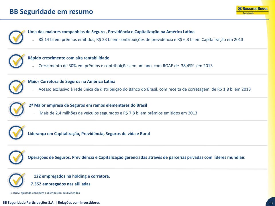 Acesso exclusivo à rede única de distribuição do Banco do Brasil, com receita de corretagem de R$ 1,8 bi em 2013 2ª Maior empresa de Seguros em ramos elementares do Brasil Mais de 2,4 milhões de