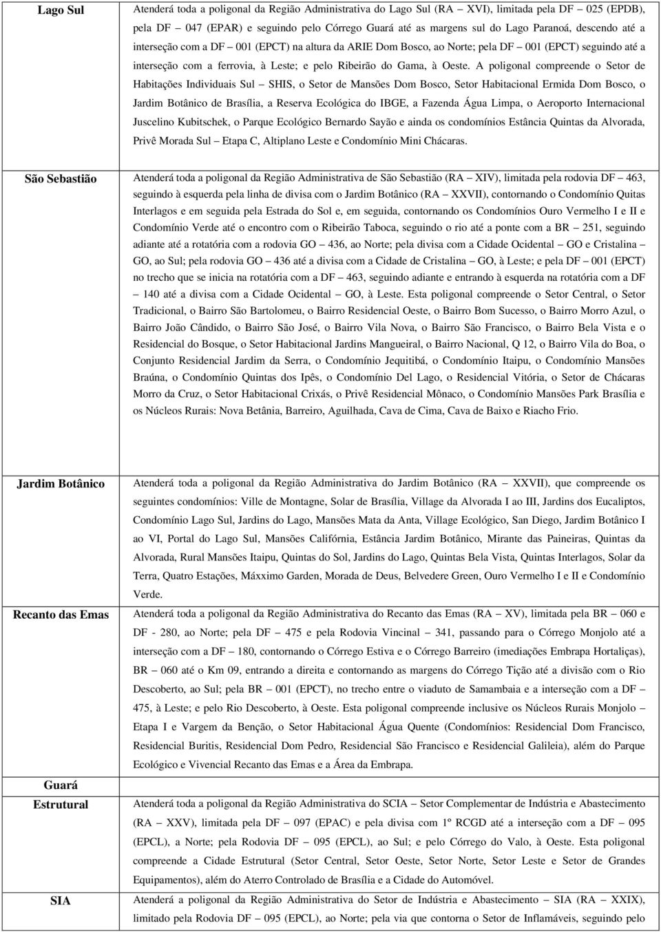 A poligonal compreende o Setor de Habitações Individuais Sul SHIS, o Setor de Mansões Dom Bosco, Setor Habitacional Ermida Dom Bosco, o Jardim Botânico de Brasília, a Reserva Ecológica do IBGE, a