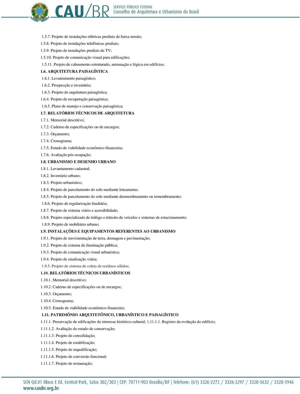 Prospecção e inventário; 1.6.3. Projeto de arquitetura paisagística; 1.6.4. Projeto de recuperação paisagística; 1.6.5. Plano de manejo e conservação paisagística; 1.7.