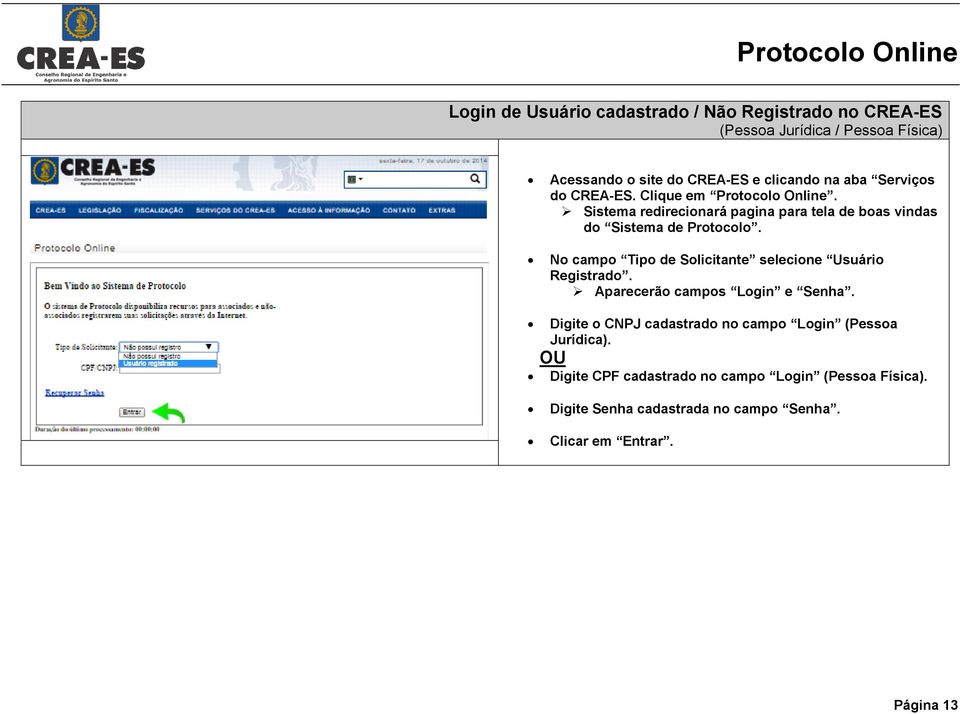 No campo Tipo de Solicitante selecione Usuário Registrado. Aparecerão campos Login e Senha.