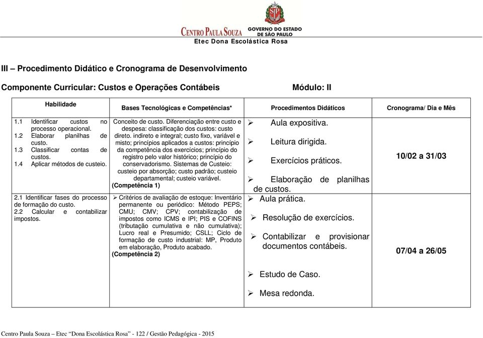 1 Identificar fases do processo de formação do custo. 2.2 Calcular e contabilizar impostos. Conceito de custo. Diferenciação entre custo e despesa: classificação dos custos: custo direto.