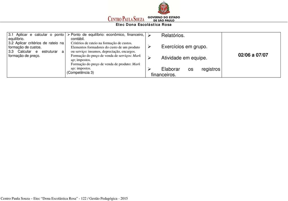 Elementos formadores do custo de um produto ou serviço: insumos, depreciação, encargos. Formação do preço de venda de serviços: Mark up; impostos.