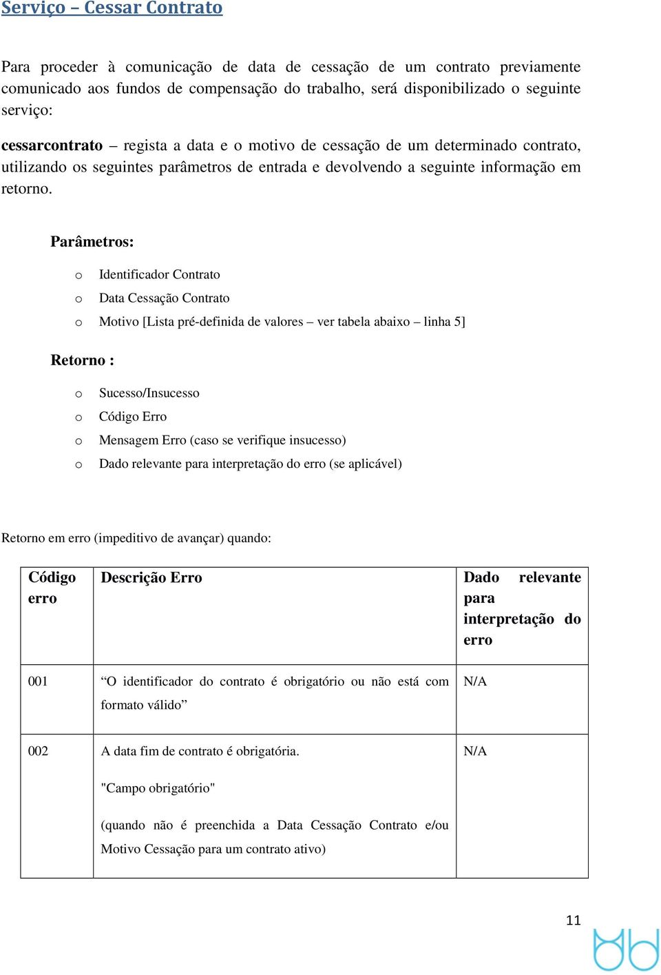 Parâmetrs: Identificadr Cntrat Data Cessaçã Cntrat Mtiv [Lista pré-definida de valres ver tabela abaix linha 5] Retrn : Sucess/Insucess Códig Err Mensagem Err (cas se verifique insucess) Dad