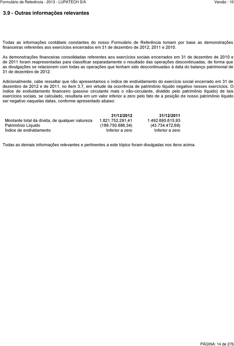 As demonstrações financeiras consolidadas referentes aos exercícios sociais encerrados em 31 de dezembro de 2010 e de 2011 foram reapresentadas para classificar separadamente o resultado das