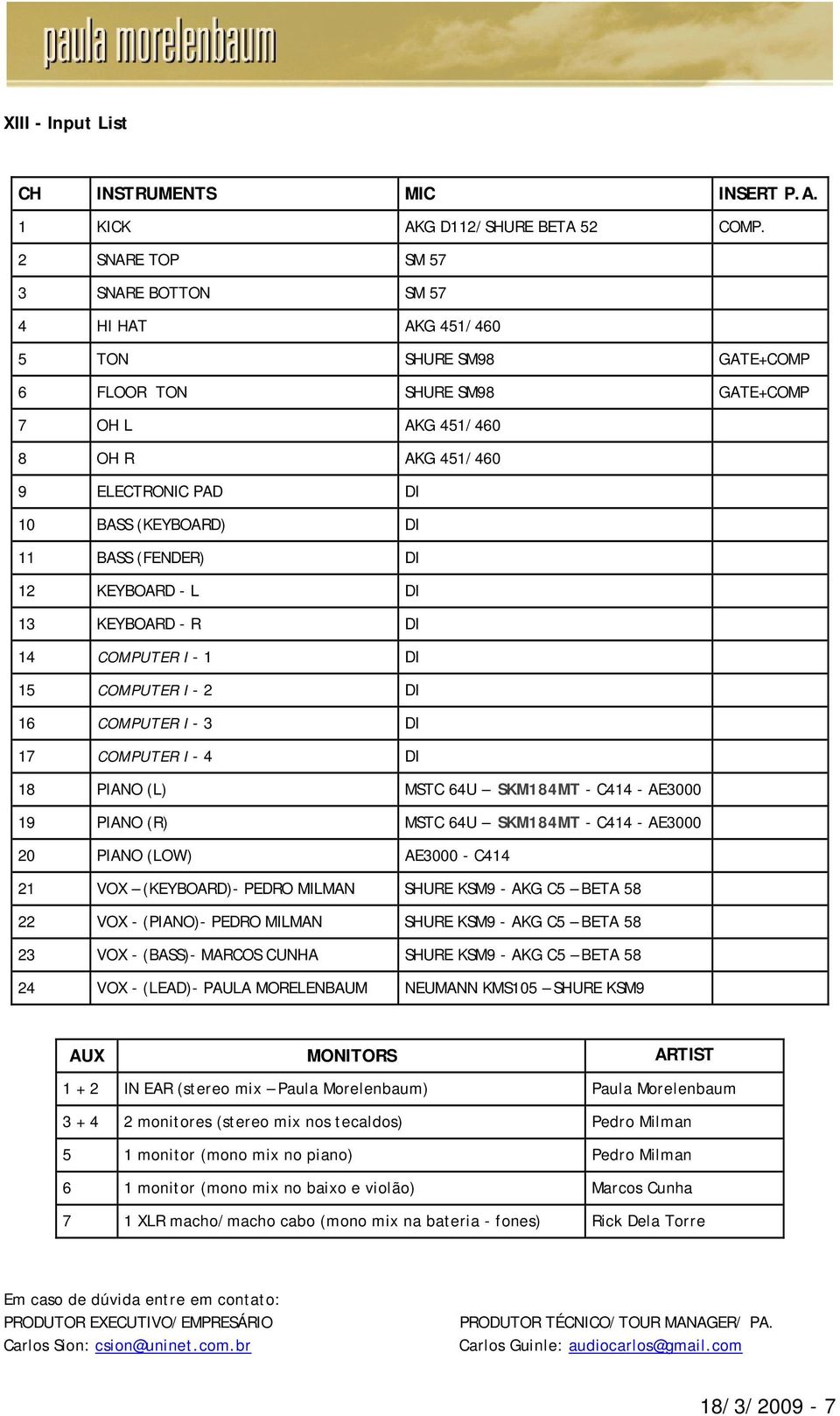 11 BASS (FENDER) DI 12 KEYBOARD - L DI 13 KEYBOARD - R DI 14 COMPUTER I - 1 DI 15 COMPUTER I - 2 DI 16 COMPUTER I - 3 DI 17 COMPUTER I - 4 DI 18 PIANO (L) MSTC 64U SKM184MT - C414 - AE3000 19 PIANO