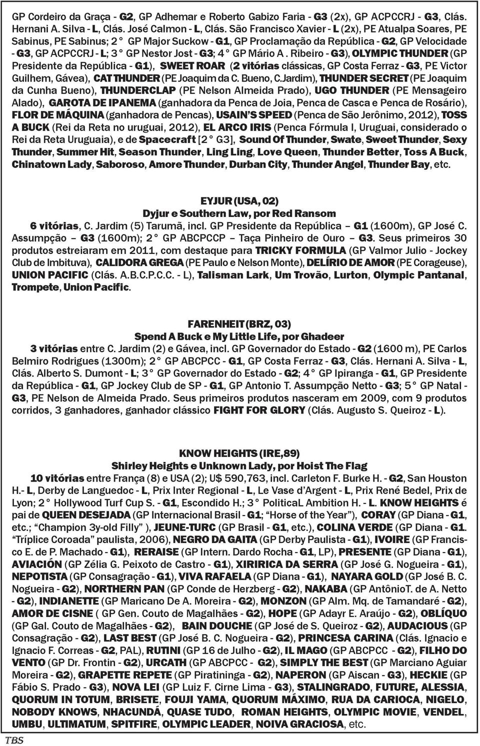 Mário A. Ribeiro - G3), OLYMPIC THUNDER (GP Presidente da República - G1), SWEET ROAR (2 vitórias clássicas, GP Costa Ferraz - G3, PE Victor Guilhem, Gávea), CAT THUNDER (PE Joaquim da C. Bueno, C.