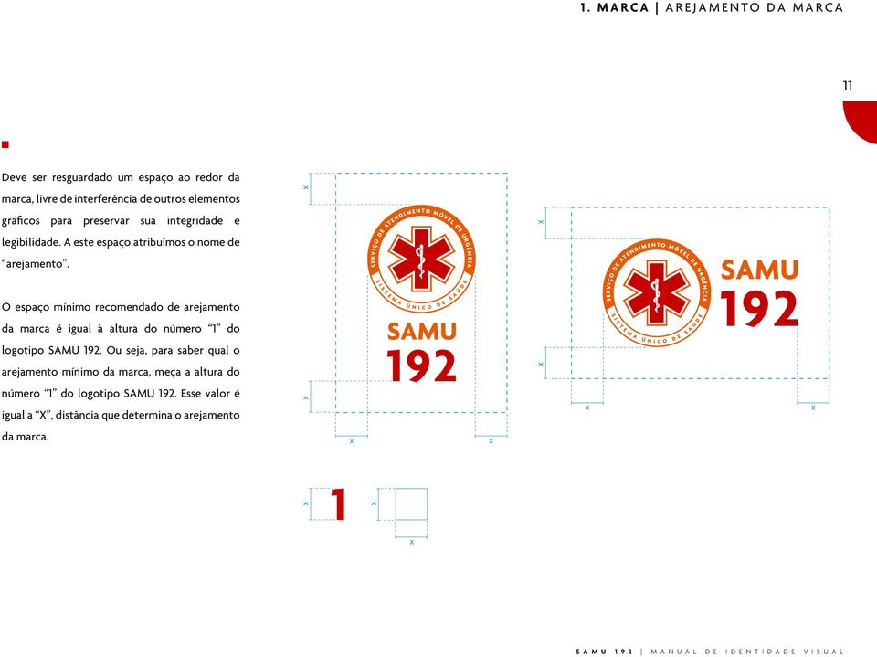 O espaço mínimo recomendado de arejamento da marca é igual à altura do número 1 do logotipo SAMU 192.