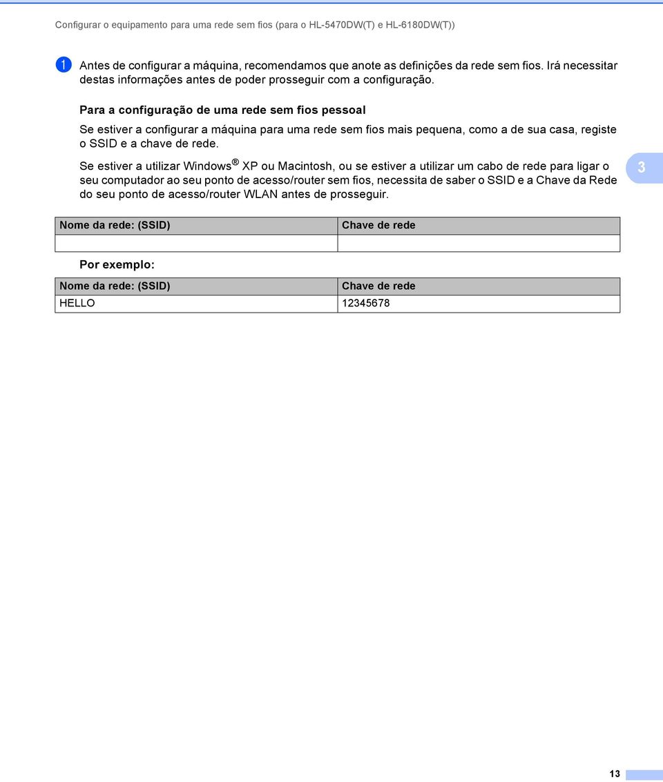 Para a configuração de uma rede sem fios pessoal 3 Se estiver a configurar a máquina para uma rede sem fios mais pequena, como a de sua casa, registe o SSID e a chave de rede.