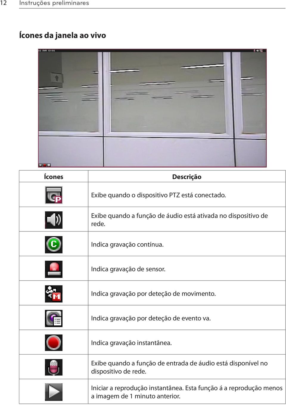 Indica gravação por deteção de movimento. Indica gravação por deteção de evento va. Indica gravação instantânea.