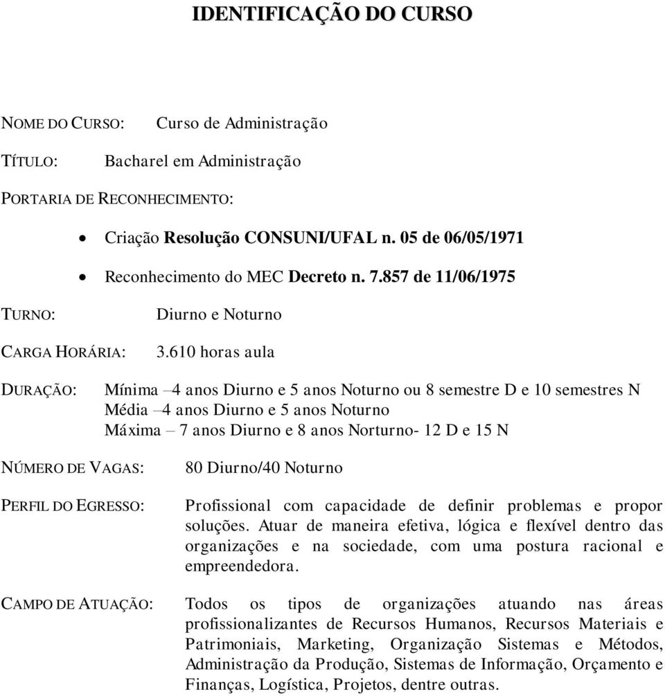 610 horas aula DURAÇÃO: Mínima 4 anos Diurno e 5 anos Noturno ou 8 semestre D e 10 semestres N Média 4 anos Diurno e 5 anos Noturno Máxima 7 anos Diurno e 8 anos Norturno- 12 D e 15 N NÚMERO DE