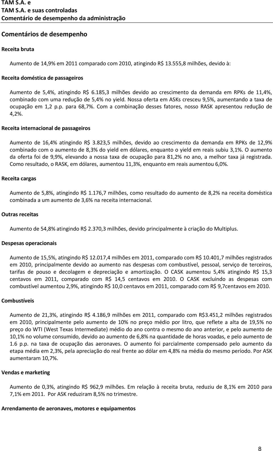 Nossa oferta em ASKs cresceu 9,5%, aumentando a taxa de ocupação em 1,2 p.p. para 68,7%. Com a combinação desses fatores, nosso RASK apresentou redução de 4,2%.