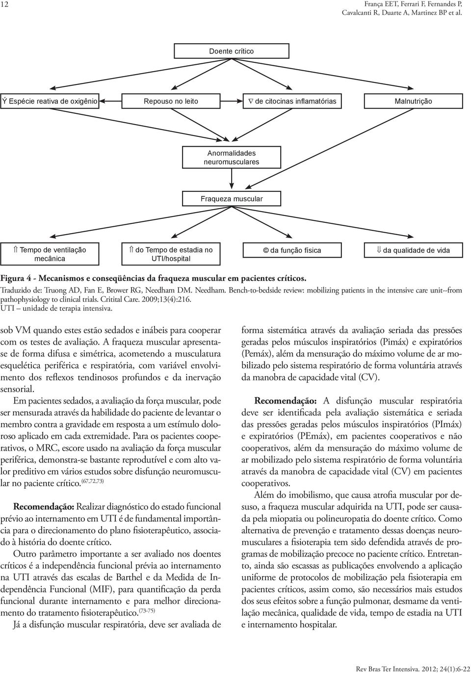 no UTI/hospital da função física da qualidade de vida Figura 4 - Mecanismos e conseqüências da fraqueza muscular em pacientes críticos. Traduzido de: Truong AD, Fan E, Brower RG, Needham 